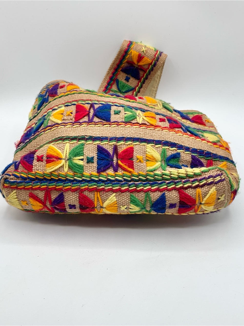 Vintage 70s Burlap Purse Bag Tote Multi Color Embroidery BOHO Hippie 14" - Picture 8 of 11
